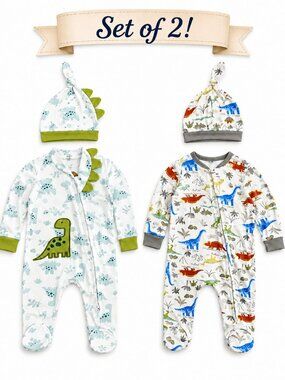 NWT Baby Essentials Set of 2 Dinosaur Footed Sleepers 3 Months w/ Hats